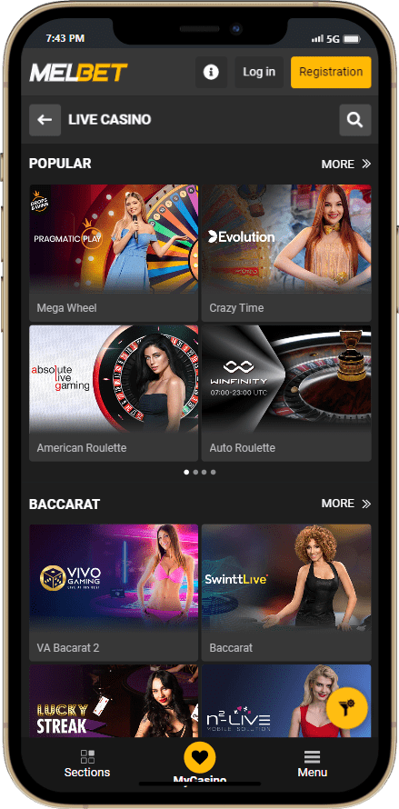 لقطة شاشة للهاتف المحمول Melbet casino مع ألعاب الكازينو المباشرة المتاحة