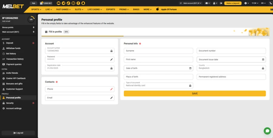 New account verification at Melbet